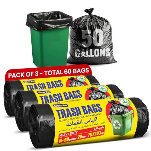 Silver Pot Black Garbage Bags Pack of 3 - Medium 20 bags 50 Gallons (75cm x 103cm) Extra Strong & Bio-Degradable Heavy Duty Disposable Waste Bags Total 60 bags (20 x 3 rolls)