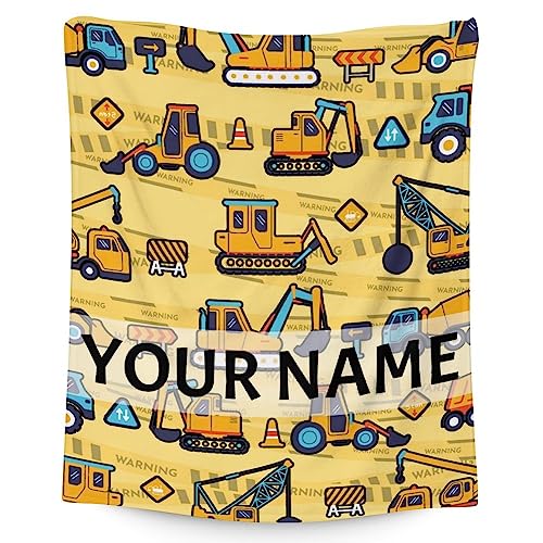Personalized Construction Truck Blanket Gifts with Name - 60x80 Inches Funny Throw Blanket for Boys & Kids - Yellow Soft Fuzzy Excavator Blankets for Bed, Couch & Living Room