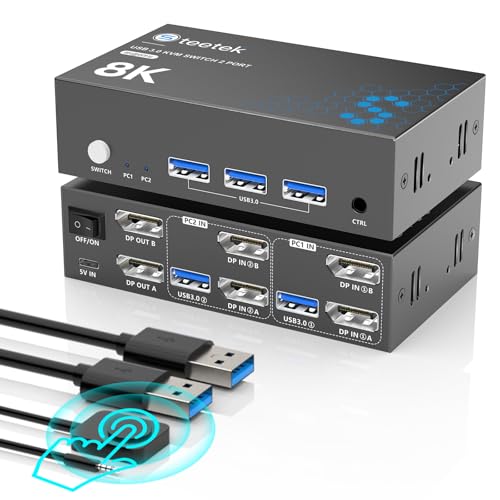 8K@60Hz KVM Switch 2 Monitors 2 Computers DisplayPort, USB3.0 KVM Switches, 4K@120Hz Dual Monitor for 1 Set of Keyboard Mouse Printer and U Disk with EDID Adaptive 2 USB Cables… image 4