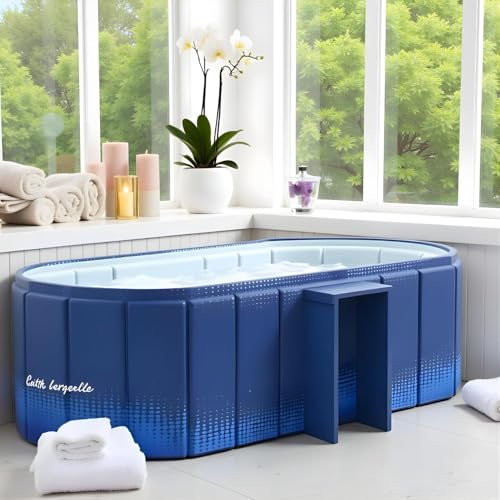 Image of Lexara Foldable Adult Bath Tub for Home Spa | Large Portable Bathtub with Backrest & Handle | Insulated Folding Tub for Hot & Cold Soak, Ice Bath, Bubble Bath & Relaxing Spa (Aqua Blue Bathtub)