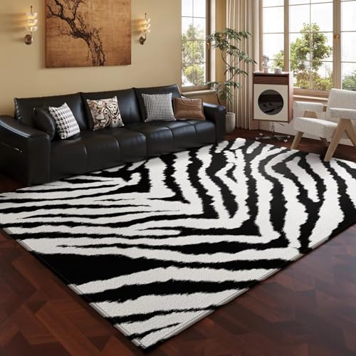 Tapis Zèbre Noir et Blanc Motif Zébré Salon Chambre Moderne Flanelle Doux Moelleux Poil Court Antidérapant Couloir Safari Imprimé Animalier Décoration...