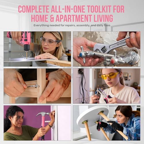 Image of Hi-Spec Tool Set with 8V Drill Set Home DIY Repair & Maintenance, Pink