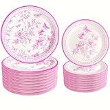 50Pcs Pink & White Floral Plates Pink and White Floral Party Supplies 9″Wildflower Pink Dinner Plates 7″Pink Floral Dessert Plates for Bridal Shower Wedding Tea Party Floral Birthday Party Decor (50)
