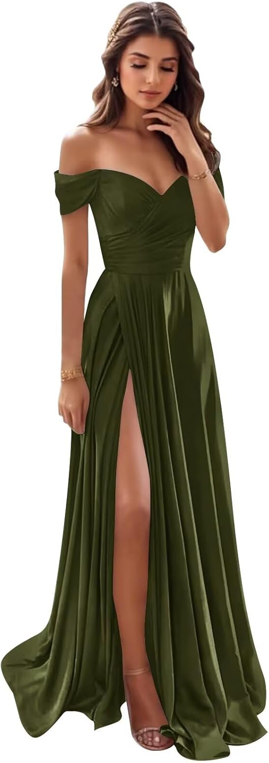 Satin Off Shoulder Bridesmaid Dresses for Women with Pockets Flowy Pleated Slit Long Formal Evening Party Dress