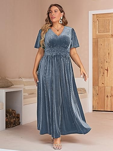 Image of Simplee Women's V Neck Velvet Maxi Dress Short Sleeve Empire Waist Long Formal Dress for Wedding Guest