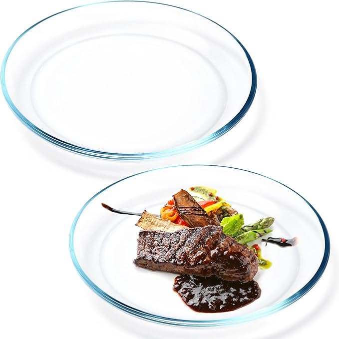 Image of PrimeWorld 2 Pack - 10 Inch Glass Plates with Lipped Edge | Clear Tempered Glass Dinner Plates | Elegant Serving Dinnerware for Pasta, Salad, Snacks | Microwave & Dishwasher Safe
