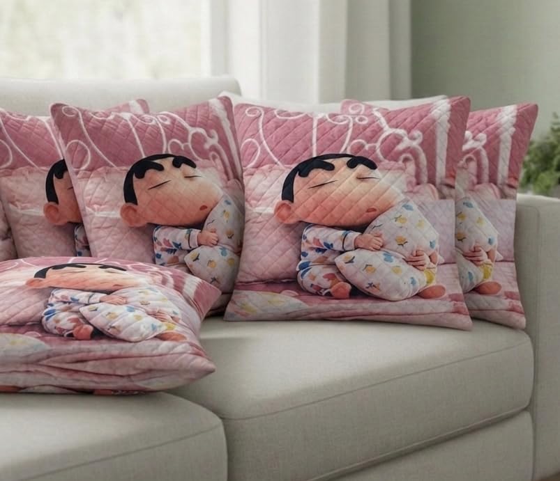 BALLEY Cartoon Printed Cushion Cover, 40x40 cm, Pack of 5, Pink, Cute Sleeping Character Design-picture-16