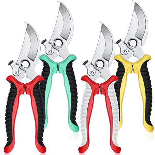 Lothee 4 Pcs Pruning Shears for Gardening Hand Garden Shears Heavy Duty Garden Clippers Hedge Plant Cutting Scissors Bypass Pruner Secateurs for Tree Trimming Fruits Picking (Green, Yellow, Gray, Red)