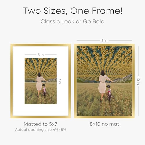 Image of Homeforia 8x10 Gold Picture Frame, High-End Metal, 5x7 Mat, Glass | High End Aluminum, Tempered Glass, Acid-Free 5x7 Removable Mat, 8x10 in Edge-to-Edge Display 10x8, Wall Kit, Set Of 3