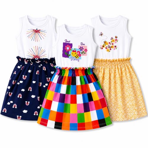 Image of EIO Girls Cotton Frock Dress Combo Pack et | Multicolor Knee Length Casual Dresses for Kids | Soft & Breathable Summer Wear Outfit Frock Set