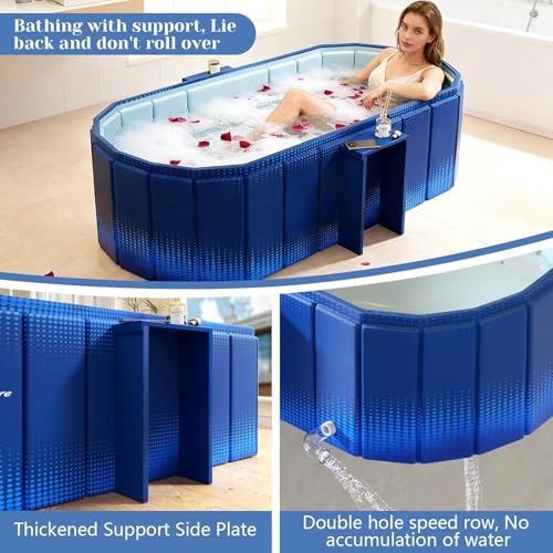 Image of Portable Ice Bath Tub for Adults Foldable Bathtub Spa, Thick Insulated Soaking BathTub with Drain, Home Bathroom Large Ice Bath Tub & Hot Spa Bath Relaxation (Navy Blue with Soap Stand)