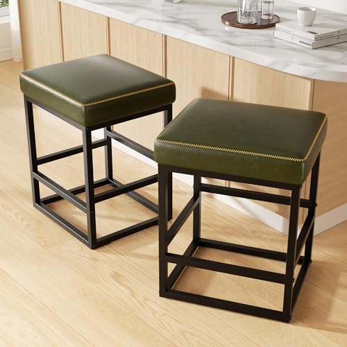 Image of Bar Stools Set of 2, 24in Counter Height Barstools, Faux Leather Counter Stools with Thick Square Seats & Sturdy Metal Base, Modern Bar Chairs for Kitchen Island (Green)