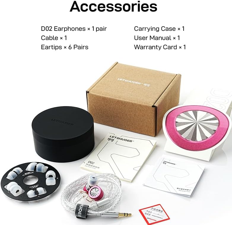 Contents of the Letshuoer D02 package including earphones, cable, ear tips, and storage case.
