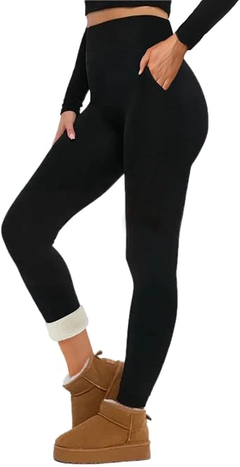 Womens High Waisted Fleece Lined Leggings, Thermal Yoga Pants, Slim Fit Winter Tights with Pockets
