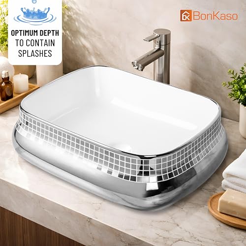 Image of BONKASO Polished Designer Ceramic Table Top Wash Basin (44 x 35 x 12.5 cm) | Silver Countertop Bathroom Sink | Modern Luxury Vanity Wash Basin | Tango-1004