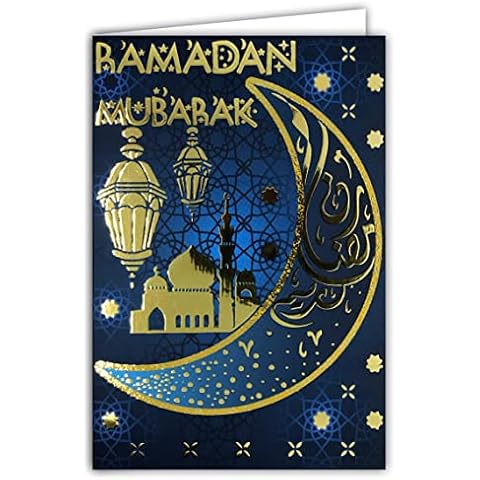 68-9002 Ramadan Mubarak Card in Shiny Gold Muslims Month Saint Fastness Laylat al-Qadr Eid el-Fitr Islamic Crescent Moon Pillars Mosque Lantern Envelope White Format 17.5 x 12 cm AFIE Cover