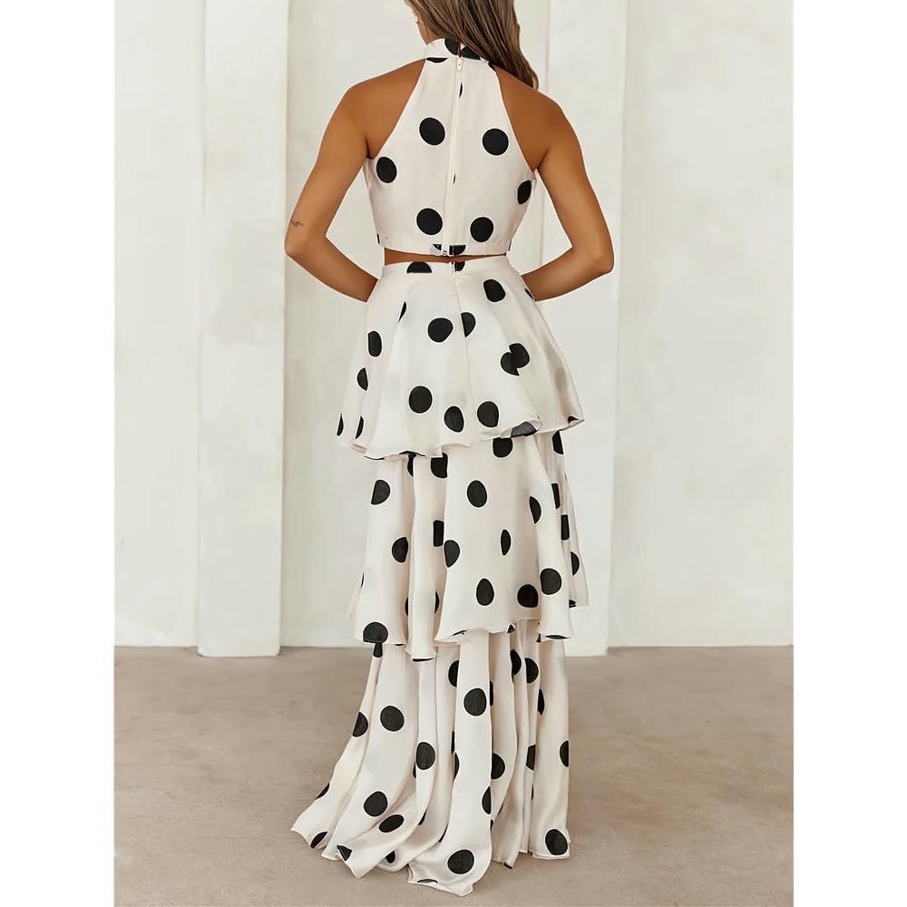 SYJYM Ensemble élégant Haut à Pois et Jupe Longue en Polyester tissé pour Femme avec col Ras du Cou et Pulls sans Manches