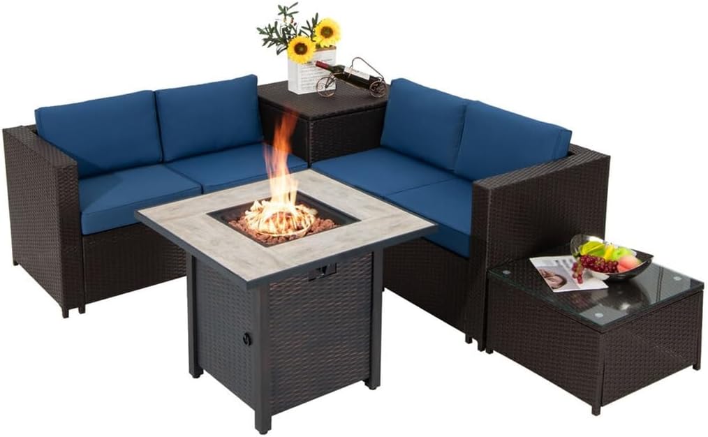 5 PCS Patio Rattan Furniture Set 30" Fire Pit Table W/Cover Cushion Navy