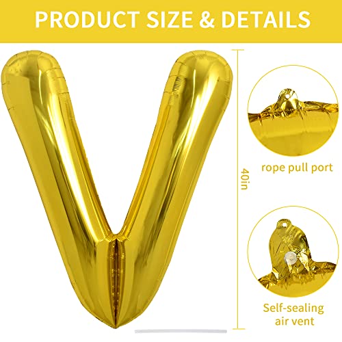 Image of TONIFUL 40 Inch Large Gold Letter V Balloons, Foil Mylar Big Balloons for 2026 New Year Eve Graduation Wedding Baby Shower Birthday Party Anniversary Decorations