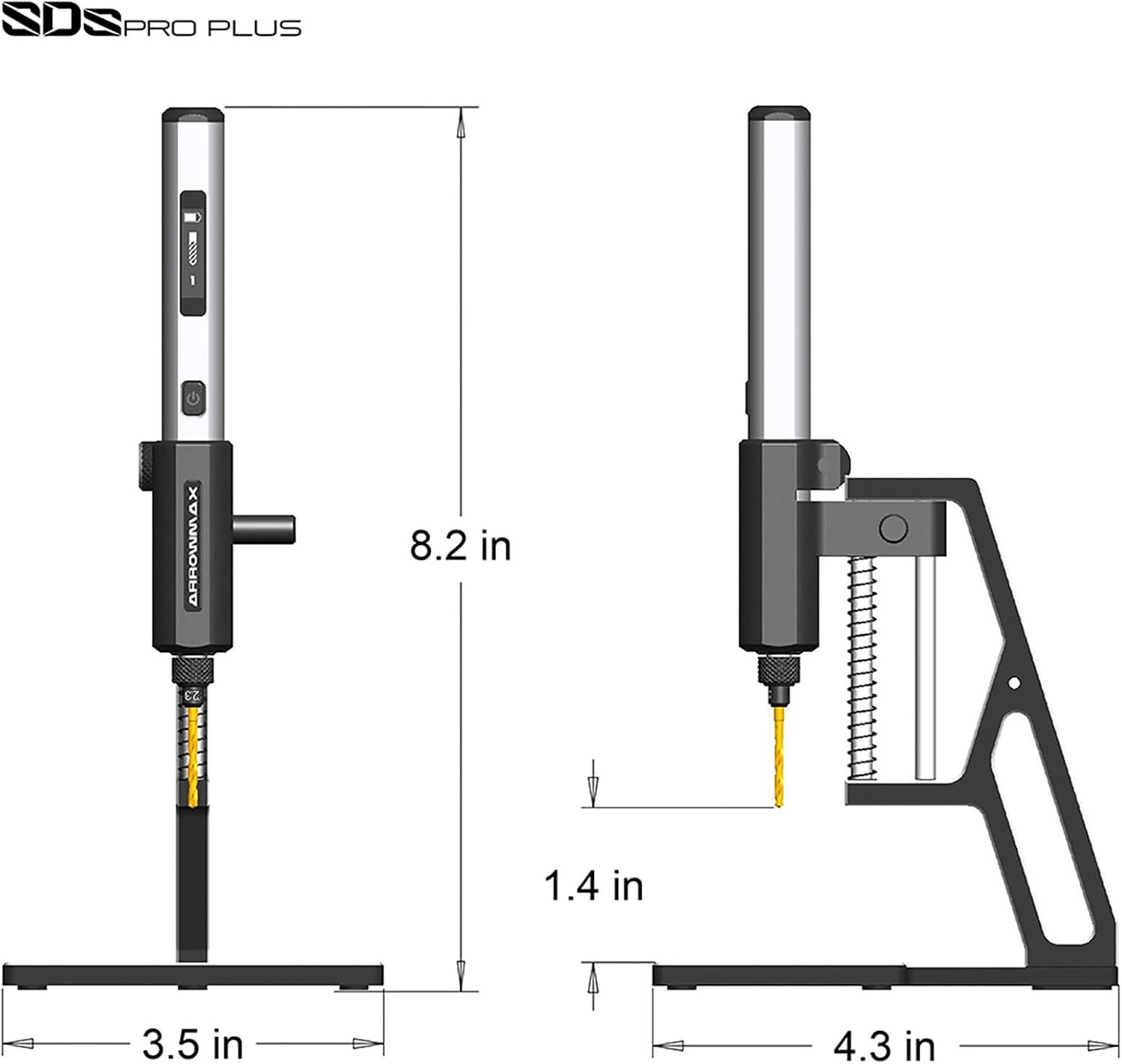 Dimensions of the SDS PRO PLUS drill and its benchtop press