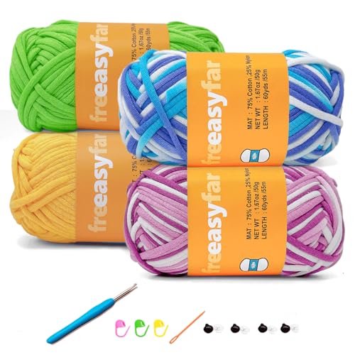 Image of 4x50g Beginner Crochet Yarn for Crocheting and Knitting; Beginner Easy Yarn kit with Tool Set (Azure Waves+Lavender Dreams+Green+Yellow, 4 Skein)