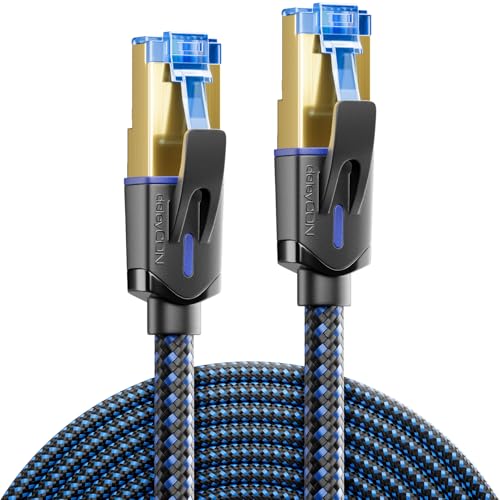 deleyCON Cable de Red CAT 8 0,25m (40 Gbit/s, Nailon, 100% Cobre) S/FTP PIMF - Cable Ethernet Gigabit LAN - Conector RJ45 para CAT8 CAT7 CAT6 PoE PS5 Router PC Portátil - Negro