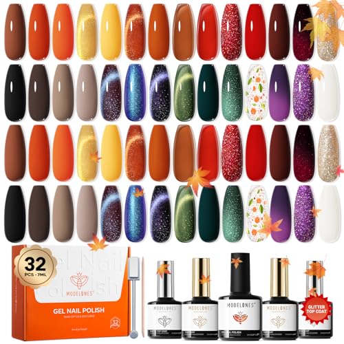 Image of modelones 32 PCS Fall Gel Nail Polish Kit, 28 Colors Cat Eye Glitter Brown Red Orange Gel Polish with Base Coat, Glitter & Glossy & Matte Top Coat Soak Off LED Nail Art Kit Salon at Home