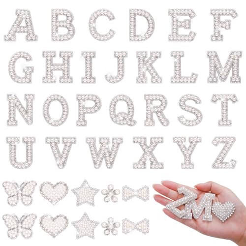 36 Pcs Pearl Letter Patches A-Z Self Adhesive Glitter Pearl Letter Stickers Bling Rhinestone Applique for DIY Clothes Bags Shoes Phone Crafts Decor(White)