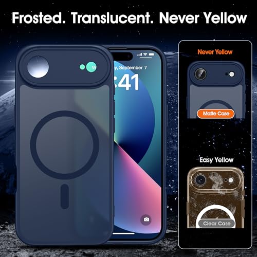 Image of Oterkin Magnetic for iPhone Air Case Matte, Upgraded Full Camera Protection Compatible with MagSafe Frosted Translucent Shockproof Anti-Scratch Slim Fit Case Military Grade Protection (Dark Blue)