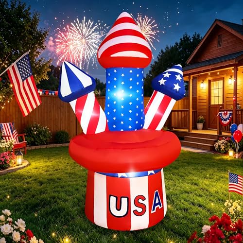 SEASONBLOW 5 Ft 4th of July Inflatables USA Uncle Sam Top Hat with Fireworks Decoration, LED Lighted Patriotic Independence Day Blow Up Firecracker Decor for Lawn Yard Garden Home Memorial Day