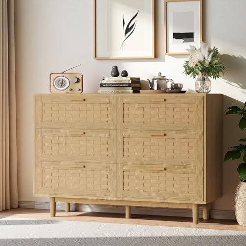 MEXUS Commode Chambre, Commode 6 Tiroirs Rotin, Commode Bois Massif, Applicable Organisez Facilement Soin Cosmétiques Bijoux et Autres Articles Catégories...