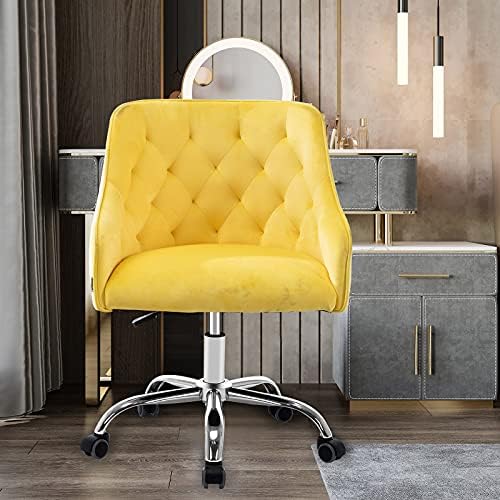 SSLine Velvet Home Office Chair,Elegant Modern Swivel Desk Chair on Wheels,Swivel Shell Chair Vanity Chair with 5 Wheels and Arm for Home Study Living Room Bedroom (Yellow)