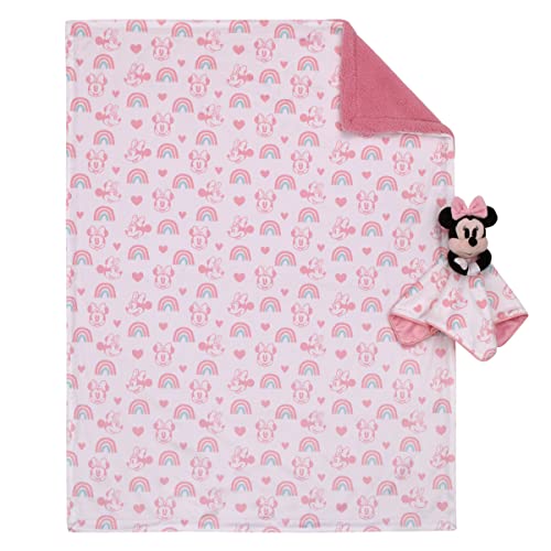 Image of Disney Minnie Mouse White, Pink, and Aqua Rainbows and Hearts Super Soft Sherpa Baby Blanket and Security Blanket 2-Piece Set