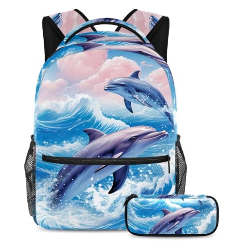 Cartable baleine bleu grande capacité lot de 2 avec trousse ado