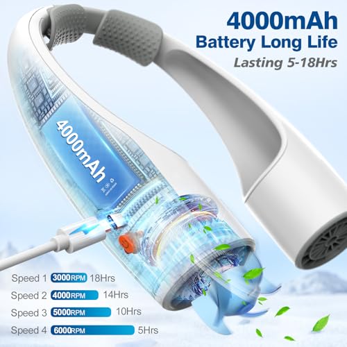 Image of AI Portable Neck Fan with 4 Adjustable Speeds, 4000mAh Battery Powered USB-C Rechargeable Fan, Hands-Free 360 Cooling Neck Fan, Wearable, Ultra-Quiet Personal Fan for Women Men Office Travel(White)