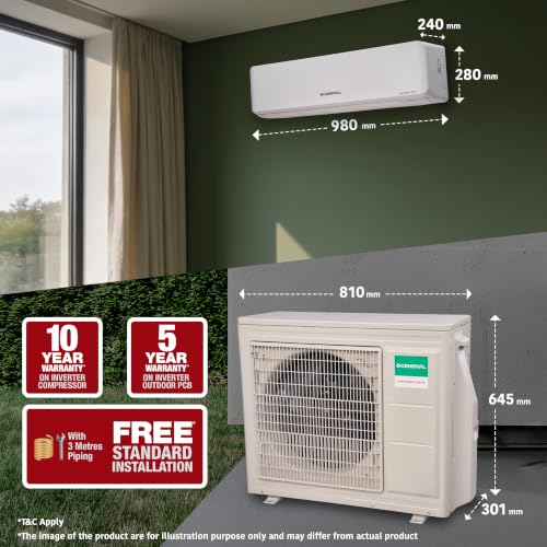 Image of GENERAL 2 Ton BEE 2026 3 Star Rated,Inverter Split AC(ASGG24CPWA-B,White,Copper,7040W,Powerful Cooling,15m Long Reach Airflow,4 Way Swing,55C Max,Suitable for 250~300 Sft, Free Standard Installation)