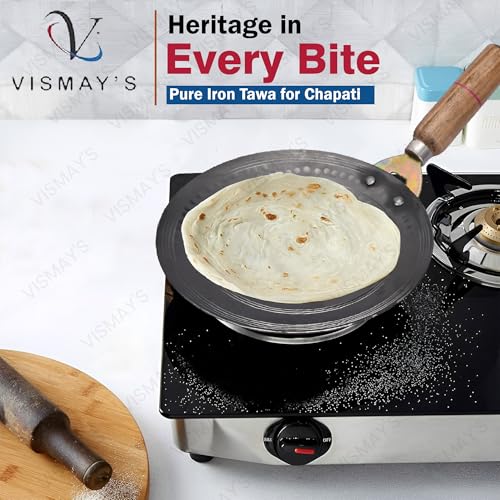 Image of VISMAY'S Pure Iron Tawa 9.5 Inch First in India with Smooth Edge Technology Wooden Handle Metal Spoon Friendly Hammered Loha Tava Ideal for Roti Chapati (1200 gm)
