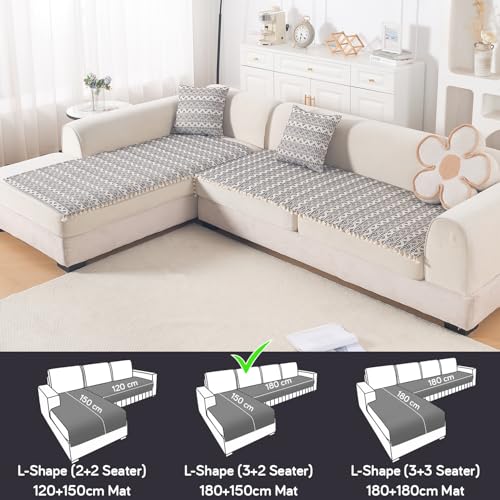 Image of HOKIPO L Shape (3+2 Seater) Sofa Cover Seat Mat | 300 GSM Cotton Acrylic Jacquard Fabric with Tassel, 'Trivana Series' Charcoal Black (IN-936+935-J6)