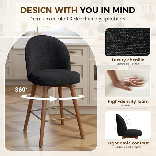 Image of Modern Swivel Bar Stools Set of 2, Chic Upholstered Counter Height(26IN) Bar Chair with Back, Solid Wood Legs and Footrest, Comfortable Chenille Bar Stool for Kitchen Island, Charcoal Black