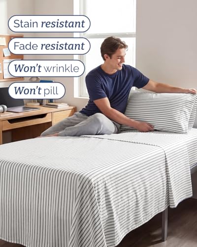 Image of Twin XL 4 Piece Sheet Set - College Dorm Room Essentials - Grey Stripes