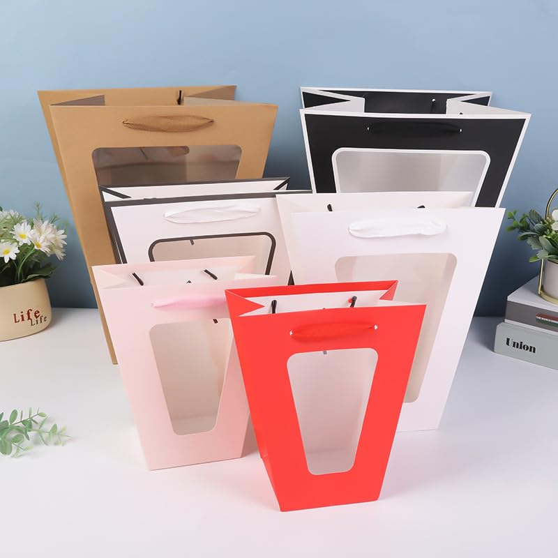 Nvzi prezenty, kwiaty, torby do pakowania prezentów, trapezowe przezroczyste torby do przenoszenia okien, torby do przenoszenia prezentów kwiatowych (białe, 28 * 14 * 35 cm)