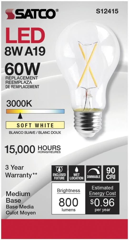 Satco S12415-8W A19 Clear LED Light Bulb, 3000K Soft White, 800 Lumens, 90 CRI, Medium E26 Base, Dimmable, 120V, 60W Equivalent, Enclosed Fixture Rated, Clear Finish Decorative LED Type A (24 Pack)