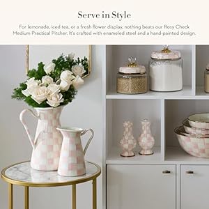 MACKENZIE-CHILDS Practical Enamel Pitcher with Spout, Drink Pitcher for Iced Tea or Water, Flower Vase, Medium, Pink-and-White Rosy Check MACKENZIE CHILDS Practical Enamel Pitcher with Spout Drink Pitcher for Iced Tea or Water Flower Vase Medium Pink and White Rosy Check