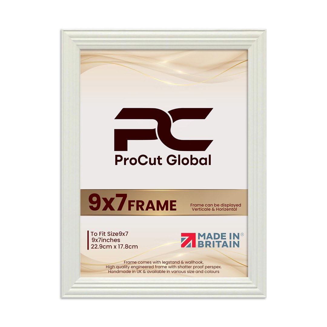 Procut Global 9x7 White Picture Frames - Classic Wooden Photo Frame with Shatterproof Perspex for Wall or Tabletop - Perfect for Posters, Certificates & Prints - Sizes & Colors Available