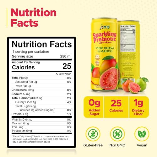 Image of Jans Sparkling Prebiotic & Collagen Soda Beverage, Pink Guava & Mango