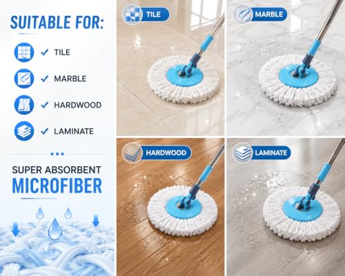 Image of Spin Mop Bucket Set with Adjustable Stainless Steel Handle and 2 Microfiber Refills - Plastic Wringer Basket with Wheels, 360 Degree Rotating Head Floor Cleaning System for Home and Kitchen (Blue)