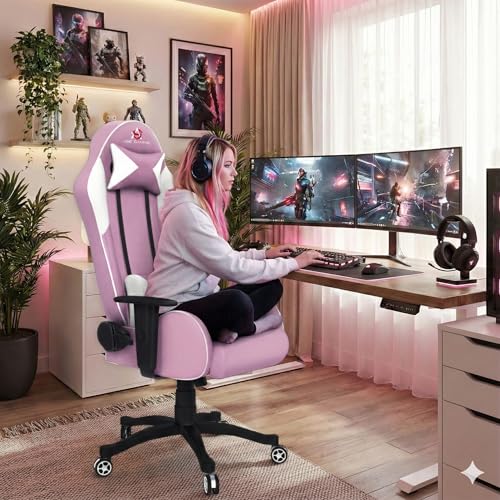 Image of ASE GAMING Gold Series Ergonomic Gaming Chair Premium PU Leather, Adjustable Neck & Lumbar Pillow, 180 Degree Recline with Black Metal Base with 3 Years Warranty (Pink)