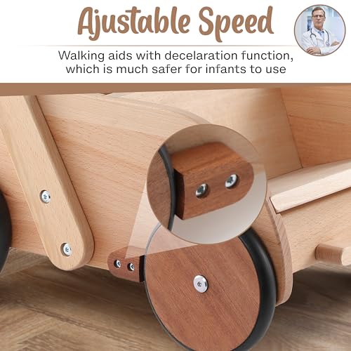 Image of 2-in-1 Wooden Baby Walker with Sit-to-Stand Learning | with Adjustable Seat & Speed | Baby Walker Push Toy in Natural Wood for Babies 6-12 Months up to 3 Years for Infants and Toddlers
