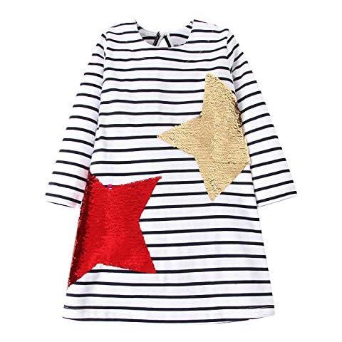 Girls Dress Butterfly Sequin Soft Cotton Long Sleeve Party Casual Dress Cute 2-7 Years (5T, Star Sequin Stripe) Cover