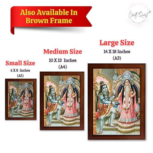 Image of CRAFT QUEST Shiva & Maa Annapurna devi sitting on throne photo frame with Laminated Poster for Kitchen Worship (Golden, 14 X 20 Inches)